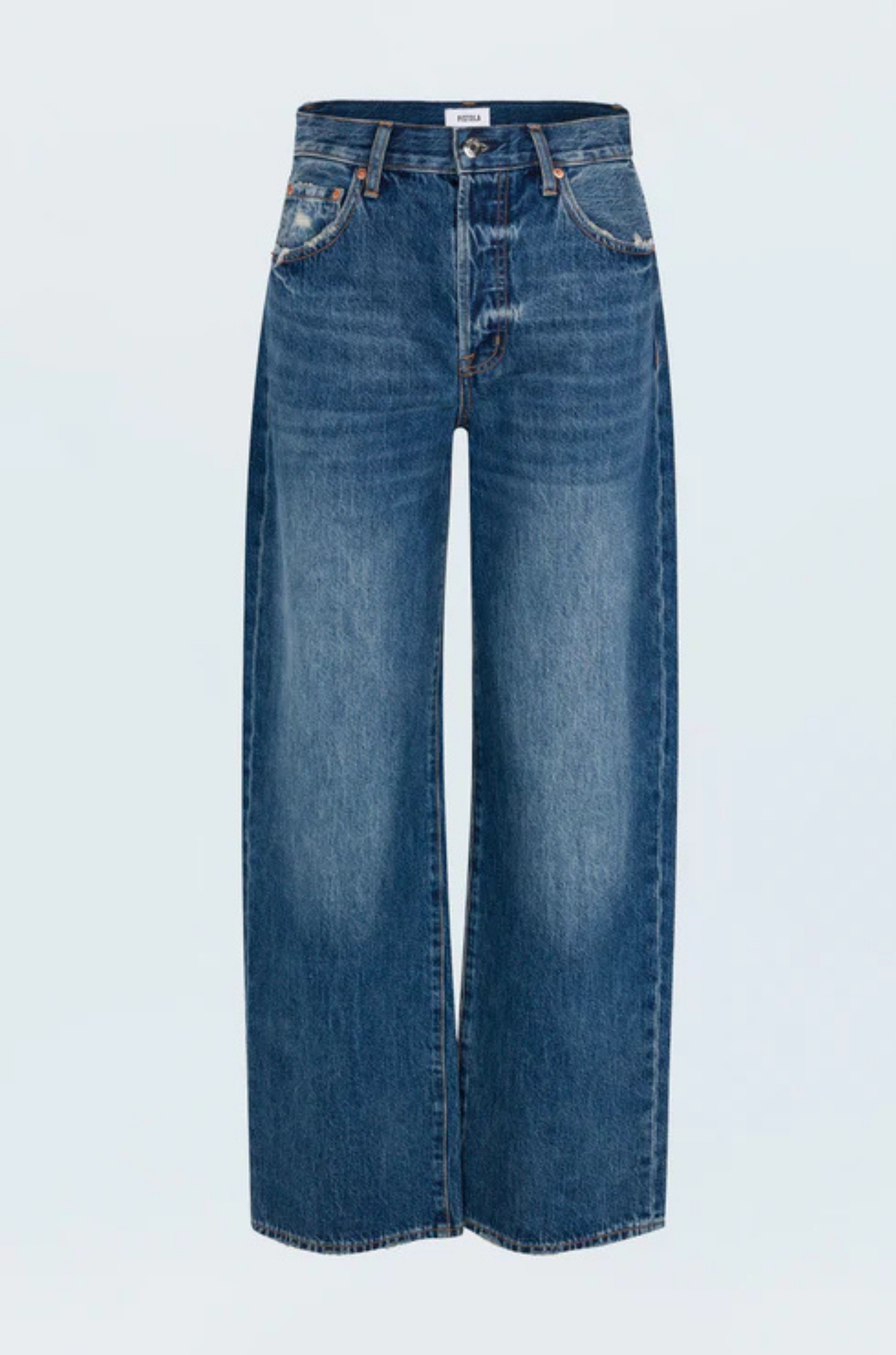 High rise denim jeans
Bowed wide leg silhouette
Five-pocket jean
Waist: 25"/ Length: 41" / Rise: 11.5"
medium to dark wash denim jeans
pistola denim
