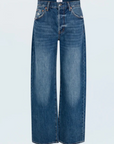 High rise denim jeans
Bowed wide leg silhouette
Five-pocket jean
Waist: 25"/ Length: 41" / Rise: 11.5"
medium to dark wash denim jeans
pistola denim