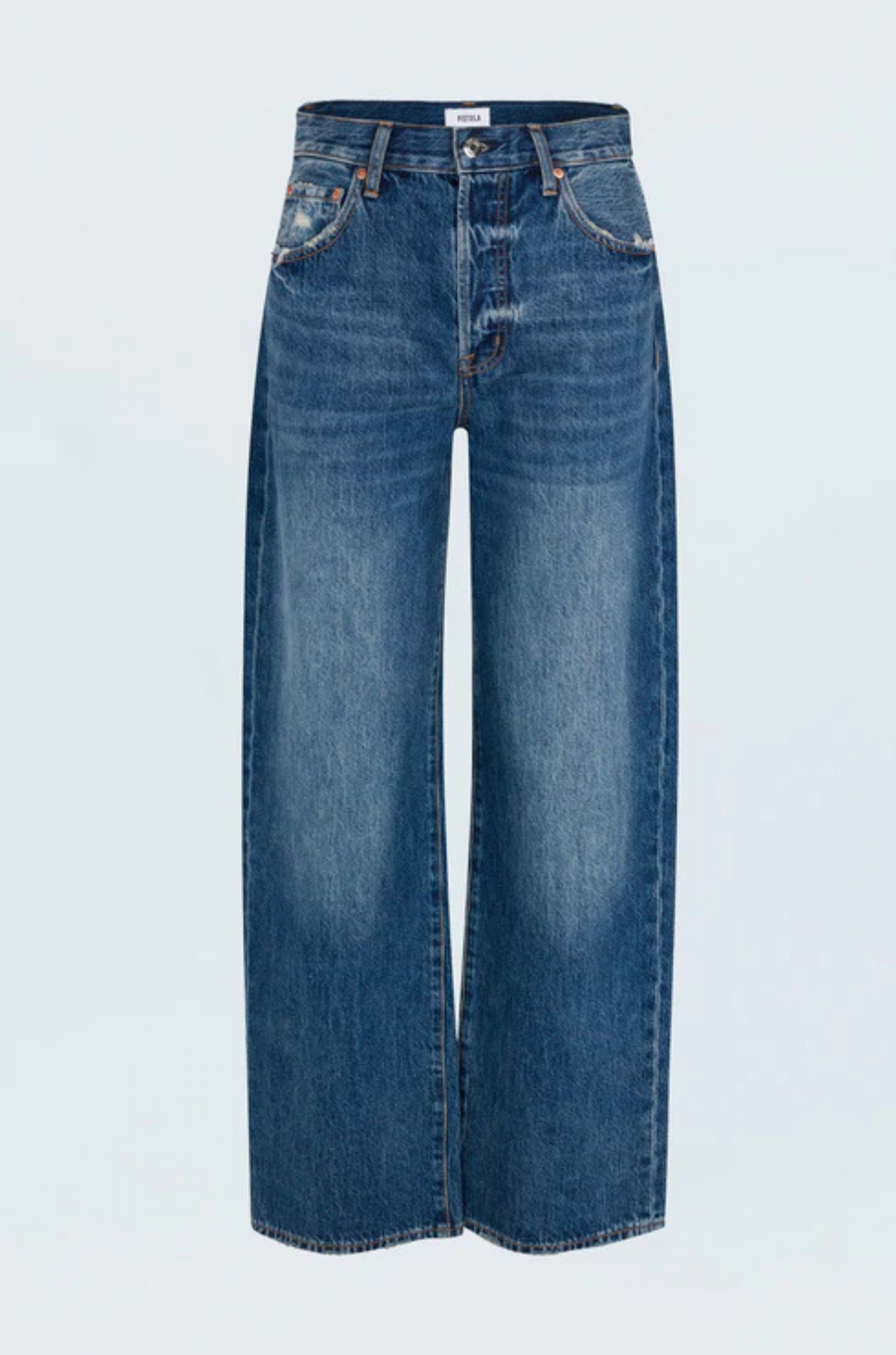 High rise denim jeans
Bowed wide leg silhouette
Five-pocket jean
Waist: 25"/ Length: 41" / Rise: 11.5"
medium to dark wash denim jeans
pistola denim
