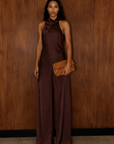 brown Satin set
brown high neck halter top
low back
brown satin wide leg pant
Elastic waistband
unlined