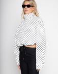 white snd black polka dot set
zara dupe
TOP
Polka dot collared jacket
Button zipper closure
Adjustable drawstring
Side pockets
Unlined
Length: 22.5"
Polyester

BOTTOMS
Polka dot high waisted shorts
Button zipper closure
Belt loops
Side pockets
Faux back pockets
Unlined
Length: 13" / Waist: 30" / Rise: 11.5"
Polyester