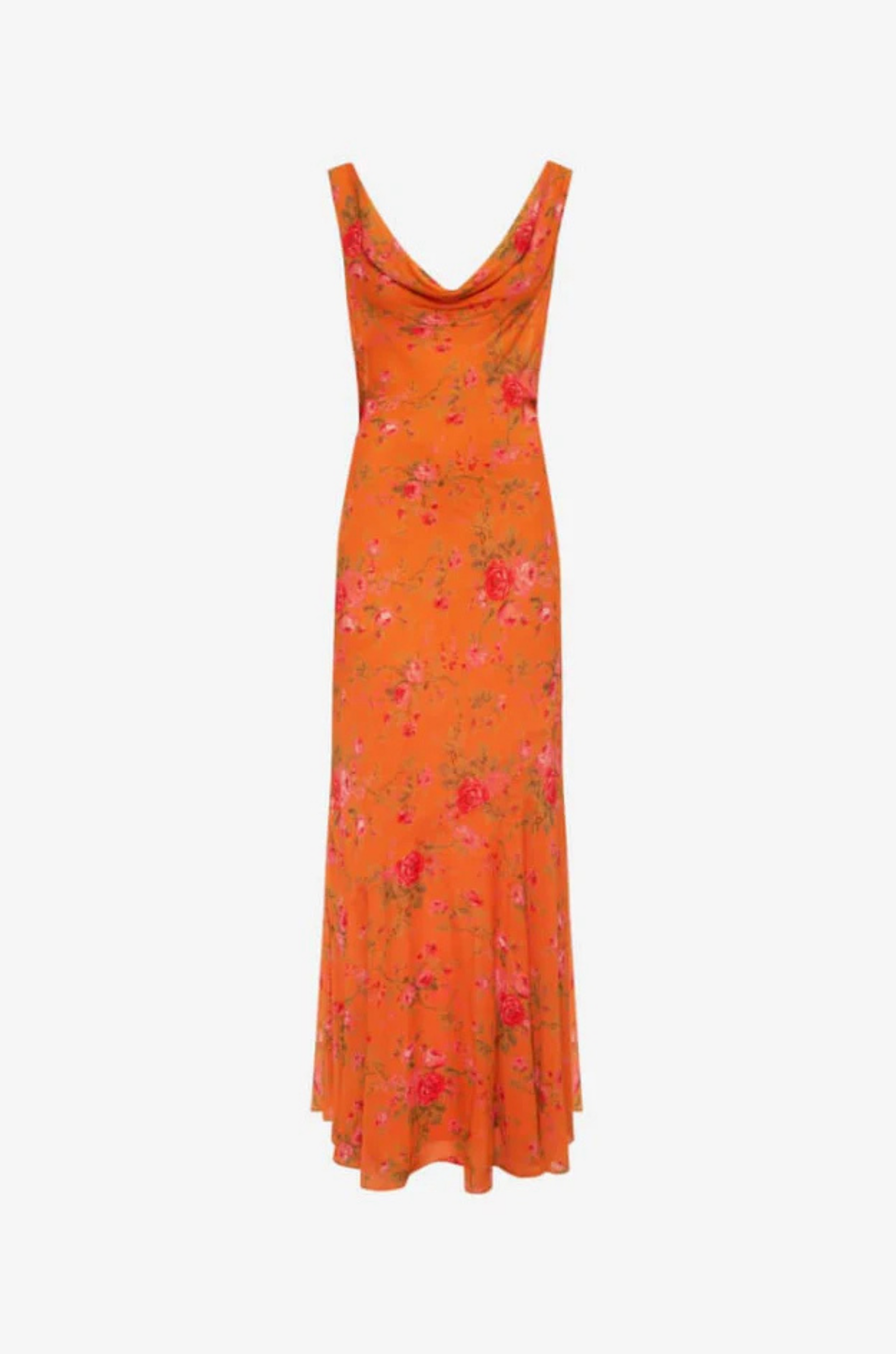orange Floral printed maxi dress
Cowl neck
Open back with cowl
Adjustable ties at lower back for waist snatching
Mermaid hem
wedding guest dress