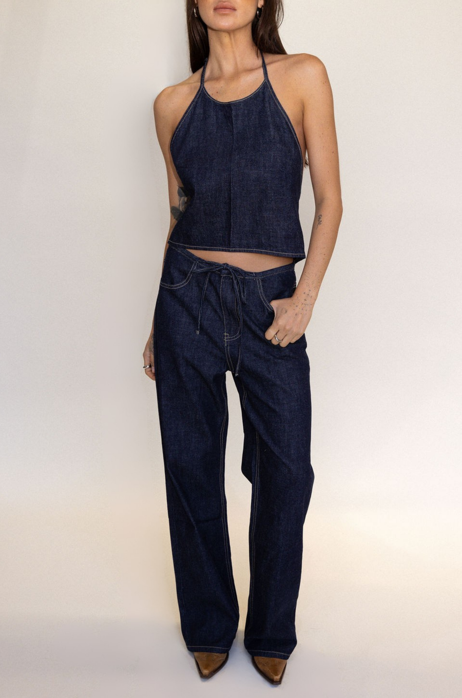 denim set
denim halter top
denim tie pant
summer outfit
spring outfit