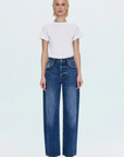 High rise denim jeans
Bowed wide leg silhouette
Five-pocket jean
Waist: 25"/ Length: 41" / Rise: 11.5"
medium to dark wash denim jeans
pistola denim