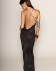 Chiffon polka dot maxi dress
Cowl neck
Criss cross back straps
Unlined
black and white polka dot maxi dress
sheer