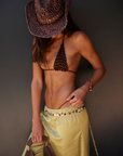 green Satin pant with Lace trim
Elastic waistband
Unlined
cover up 
resort outfit