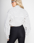 white snd black polka dot set
zara dupe
TOP
Polka dot collared jacket
Button zipper closure
Adjustable drawstring
Side pockets
Unlined
Length: 22.5"
Polyester

BOTTOMS
Polka dot high waisted shorts
Button zipper closure
Belt loops
Side pockets
Faux back pockets
Unlined
Length: 13" / Waist: 30" / Rise: 11.5"
Polyester