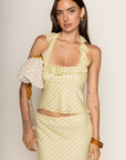 Striped halter tank top
Ruffle neckline
Lined
Side zipper
lime green tank top