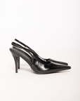 Pointed pump heel
High stiletto heel
Closed pointed toe
Sling back strap with elasticated side gusset
Exposed heel counter
Synthetic upper, lining and outsole
Heel height 9.5 cm
Black pointed heel