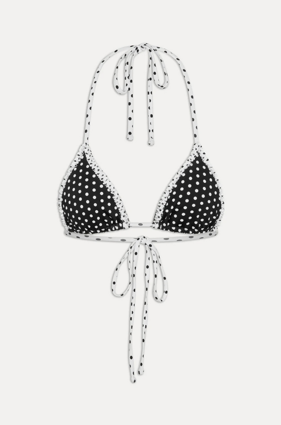 Polka dot triangle bikini top
Adjustable neck and back string ties
Halter bikini top with skimpy coverage
Special striped ruffle trim details
ruffle polka dot frankies bikini