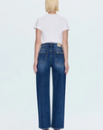 High rise denim jeans
Bowed wide leg silhouette
Five-pocket jean
Waist: 25"/ Length: 41" / Rise: 11.5"
medium to dark wash denim jeans
pistola denim
