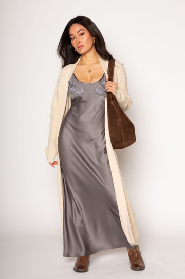 Tan Crochet knit longline cardigan. Open front. Tie waist. Unlined. long cardigan