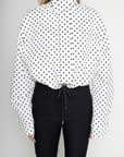 white snd black polka dot set
zara dupe
TOP
Polka dot collared jacket
Button zipper closure
Adjustable drawstring
Side pockets
Unlined
Length: 22.5"
Polyester

BOTTOMS
Polka dot high waisted shorts
Button zipper closure
Belt loops
Side pockets
Faux back pockets
Unlined
Length: 13" / Waist: 30" / Rise: 11.5"
Polyester