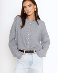 Fuzzy knit cardigan
Crewneck
Front button down closures
Long sleeves
Unlined
grey cardigan