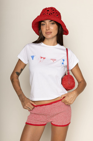 white Bikini graphic baby short sleeve tee
Crew neckline
Unlined