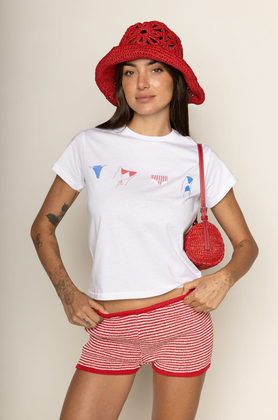 white Bikini graphic baby short sleeve tee
Crew neckline
Unlined