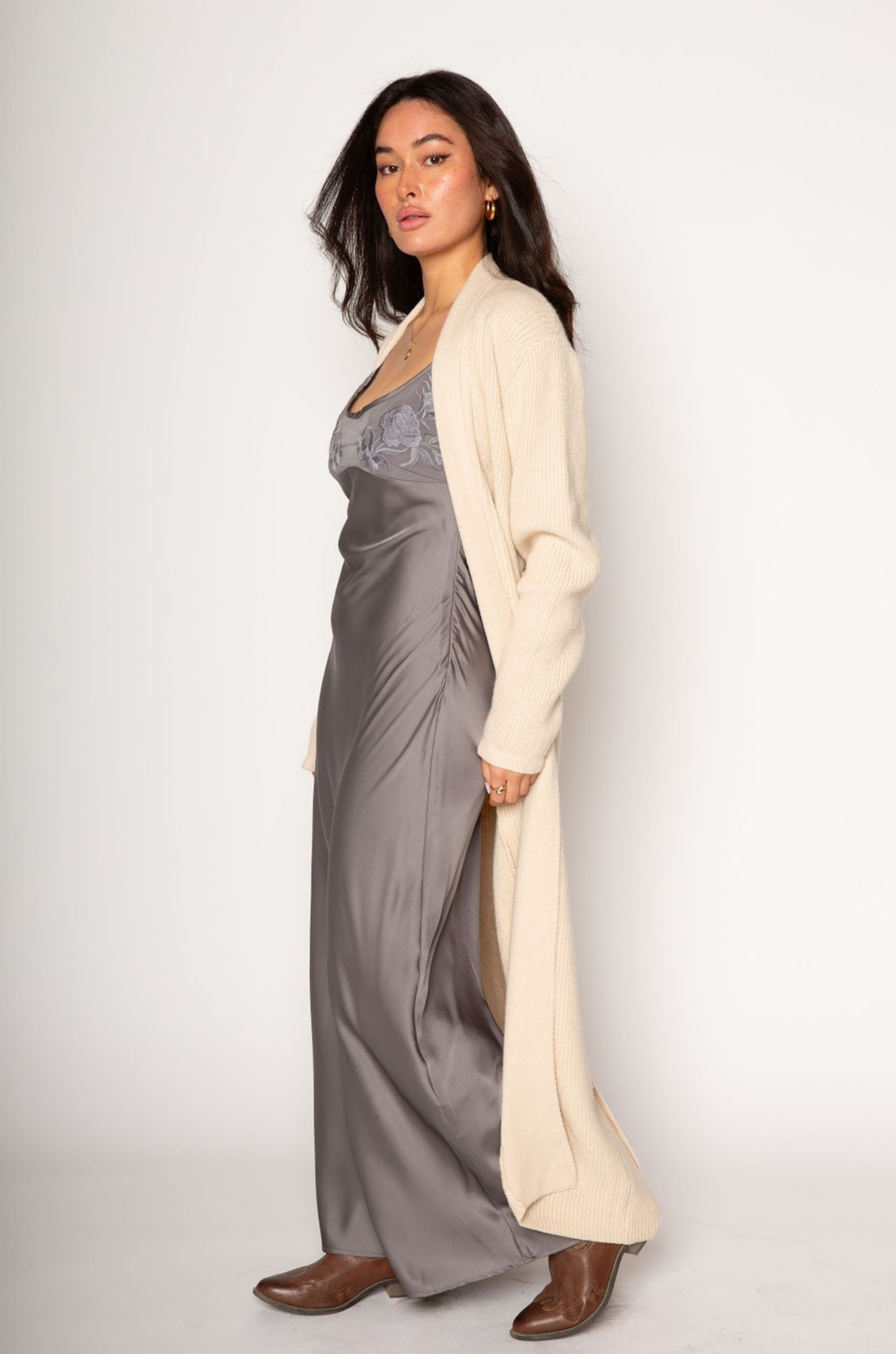 Tan Crochet knit longline cardigan. Open front. Tie waist. Unlined. long cardigan