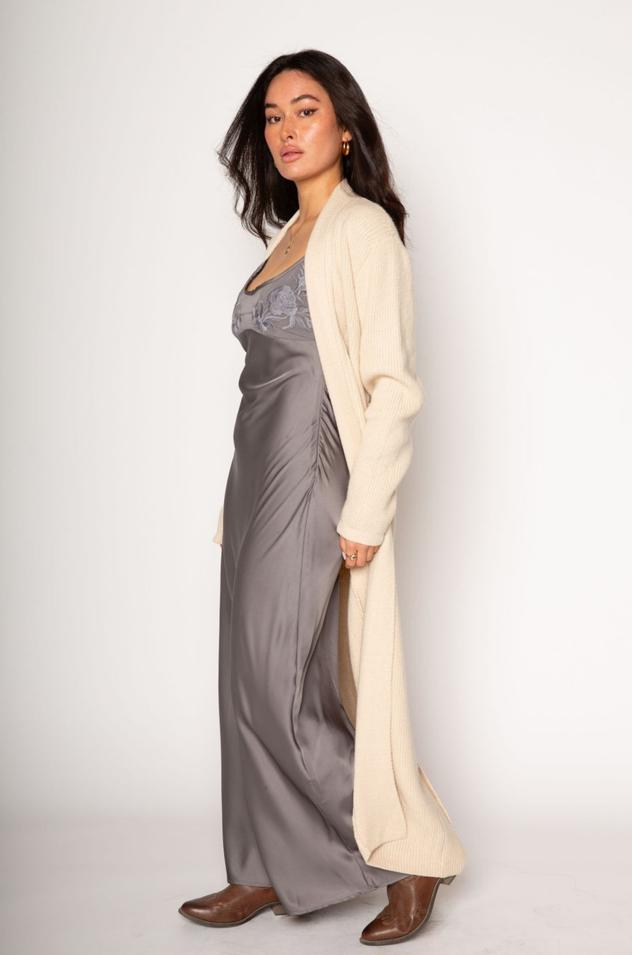 Tan Crochet knit longline cardigan. Open front. Tie waist. Unlined. long cardigan
