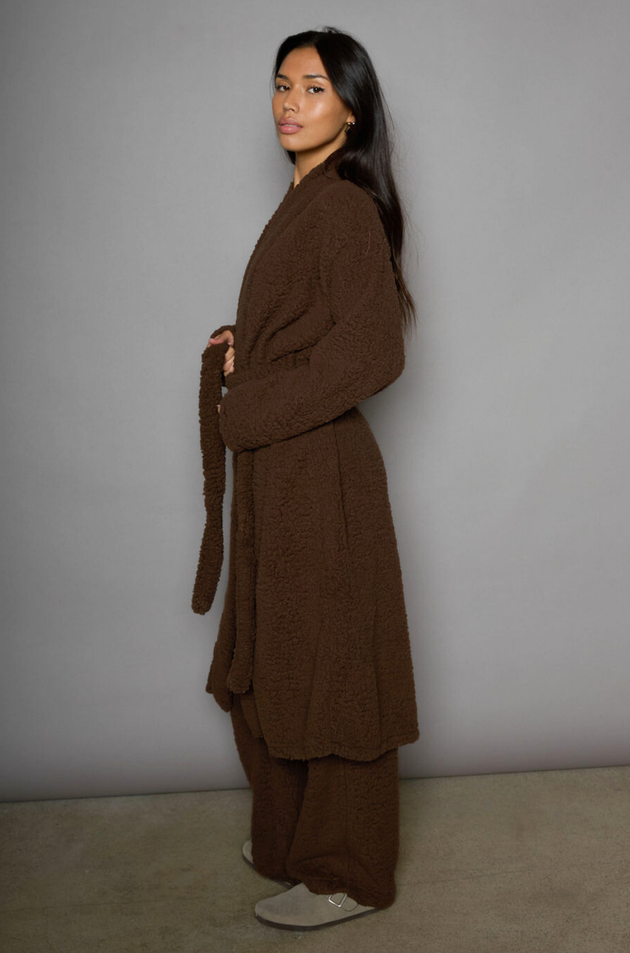 Faux sherpa longline cardigan. Long sleeves. Open front. Tie waist. Unlined. teddy bear sherpa robe cardigan. cozy lounge outfit. fall outfit. winter outfit. lazy at home outfit