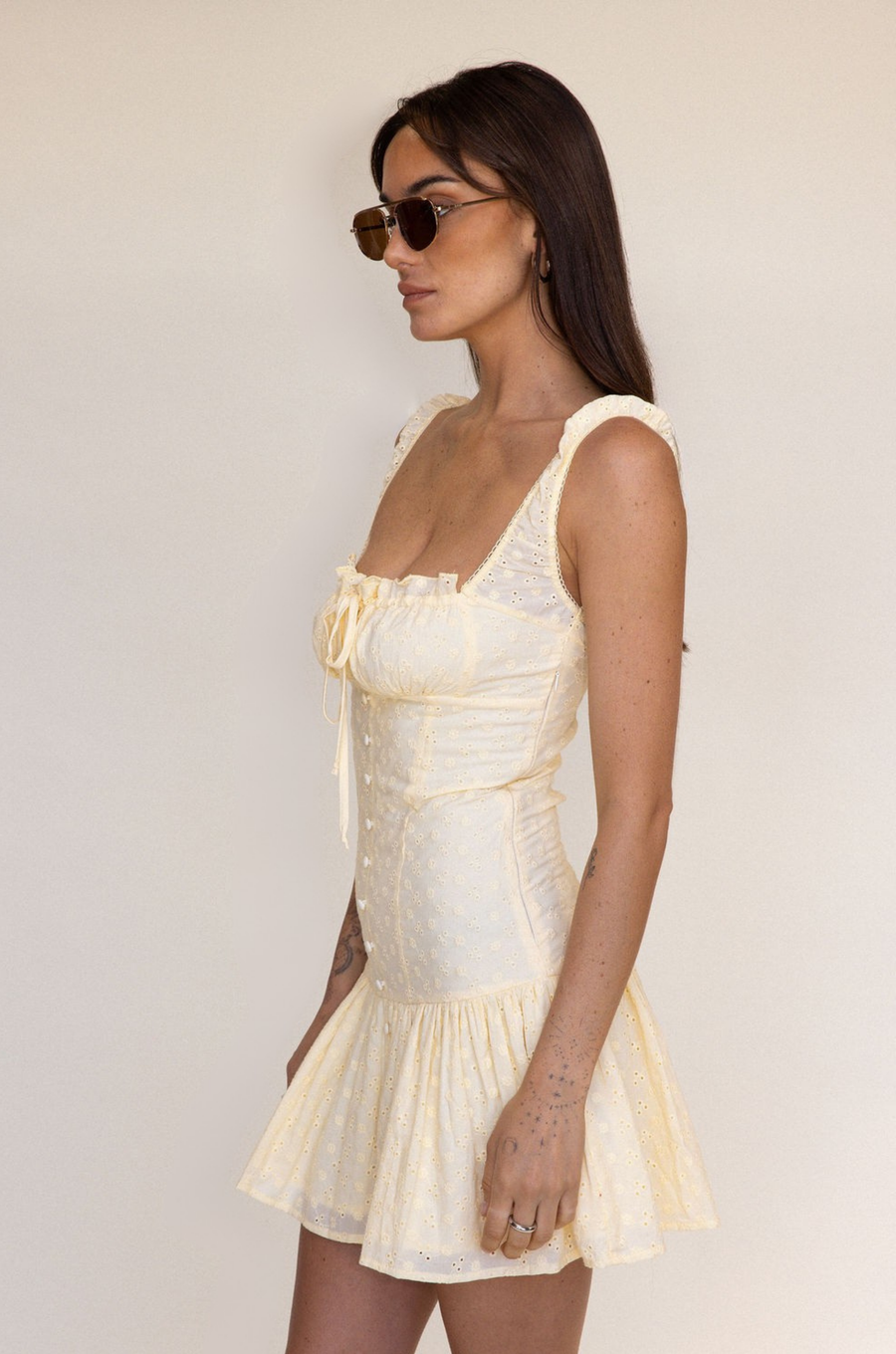Yellow eyelet mini dress
summer mini dress
corset dress
spring mini dress