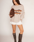 Fuzzy knit sweater
Fish graphic on front
Long sleeve
Unlined
Fish sweater
Sweater with fish on it 
Camping sweater