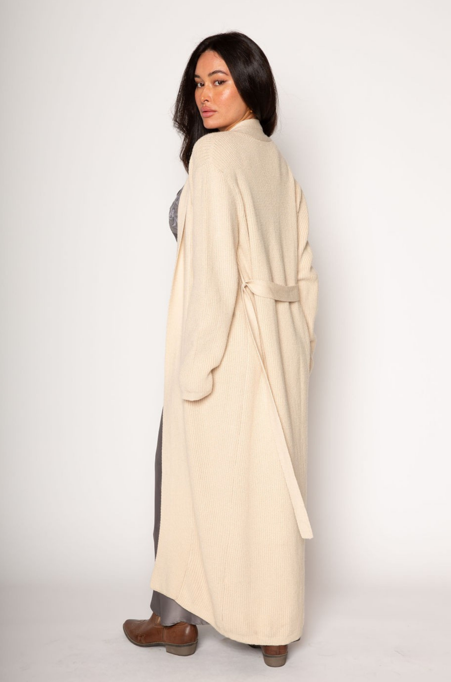 Tan Crochet knit longline cardigan. Open front. Tie waist. Unlined. long cardigan