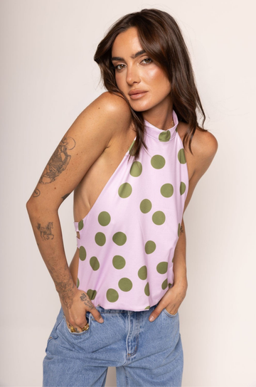 Polka dot printed halter top
Button closure neck strap
Fixed back straps
Lined
green and pink polka dot halter top
going out top
summer going out top