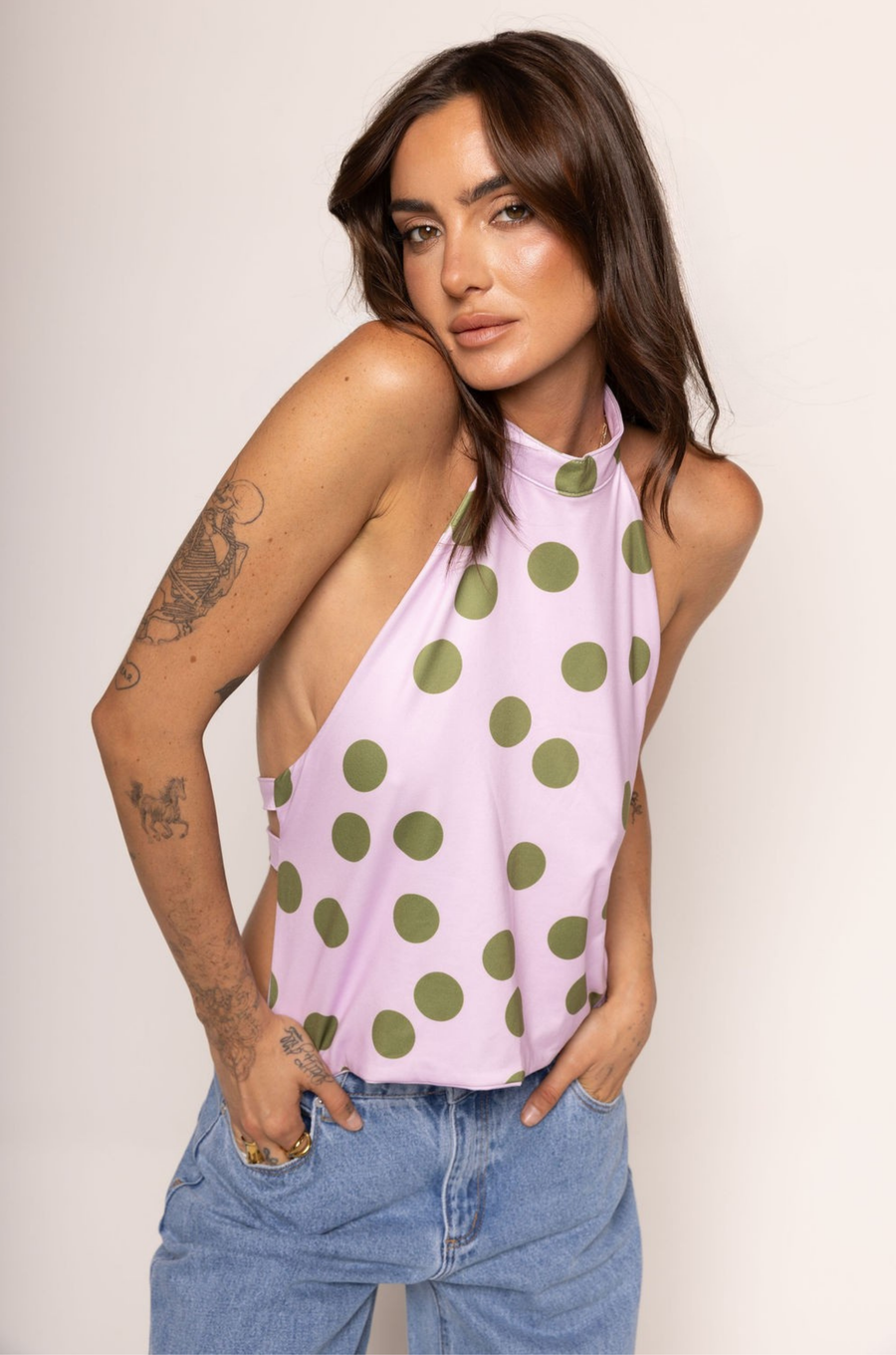 Polka dot printed halter top
Button closure neck strap
Fixed back straps
Lined
green and pink polka dot halter top
going out top
summer going out top