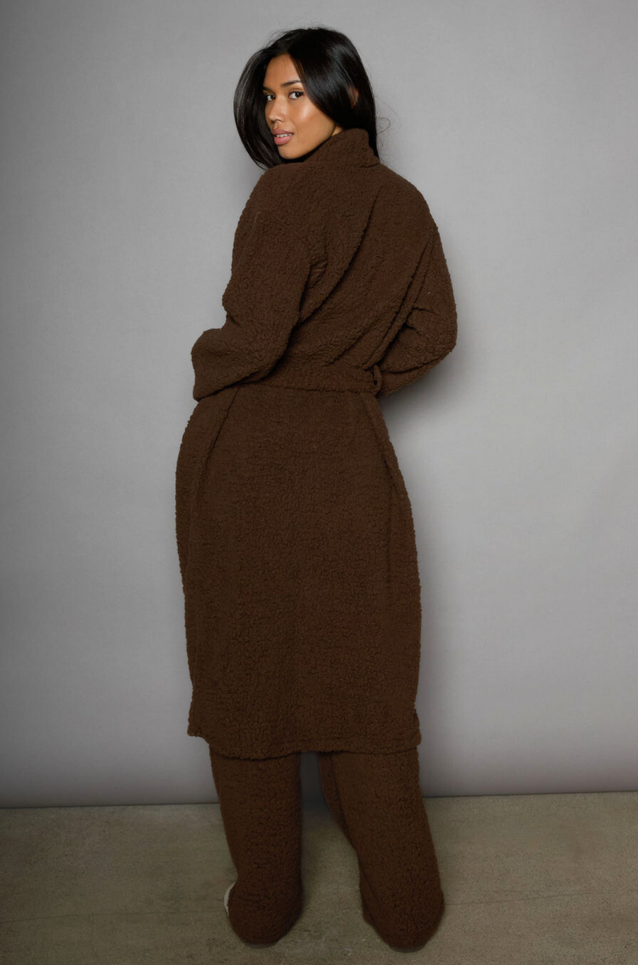 Faux sherpa longline cardigan. Long sleeves. Open front. Tie waist. Unlined. teddy bear sherpa robe cardigan. cozy lounge outfit. fall outfit. winter outfit. lazy at home outfit