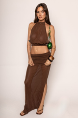 TOP
brown Shimmer halter top
Adjustable neck and back tie
Open back
Unlined/sheer
Length: 15.5"
Polyester/Spandex

BOTTOM
brown Shimmer maxi skirt
Fold over
Side slit
Unlined/sheer
Length: 42.5"
Polyester/Spandex

brown shimmer skirt and halter top set