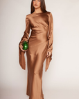 Brown bronze Satin maxi dress
Asymmetrical long sleeve hem
Open back
Side zipper closure
brown Wedding guest dress