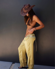 green Satin pant with Lace trim
Elastic waistband
Unlined
cover up 
resort outfit
