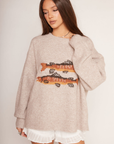 Fuzzy knit sweater
Fish graphic on front
Long sleeve
Unlined
Fish sweater
Sweater with fish on it 
Camping sweater