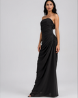 Strapless maxi dress
Side ruching and draping
Side zipper closure
Lined