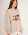 Fuzzy knit sweater
Fish graphic on front
Long sleeve
Unlined
Fish sweater
Sweater with fish on it 
Camping sweater