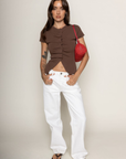 brown Knit button down short sleeve top
Button down closure
Open bottom hem line
Unlined