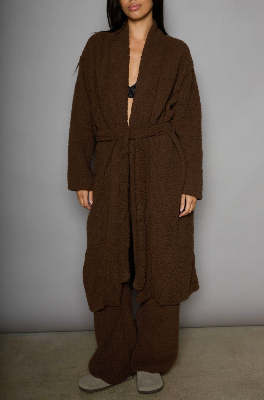 Faux sherpa longline cardigan. Long sleeves. Open front. Tie waist. Unlined. teddy bear sherpa robe cardigan. cozy lounge outfit. fall outfit. winter outfit. lazy at home outfit