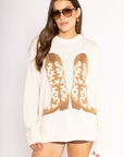 Cowboy boot knit graphic sweater
Ribbed neckline and trim
Unlined
