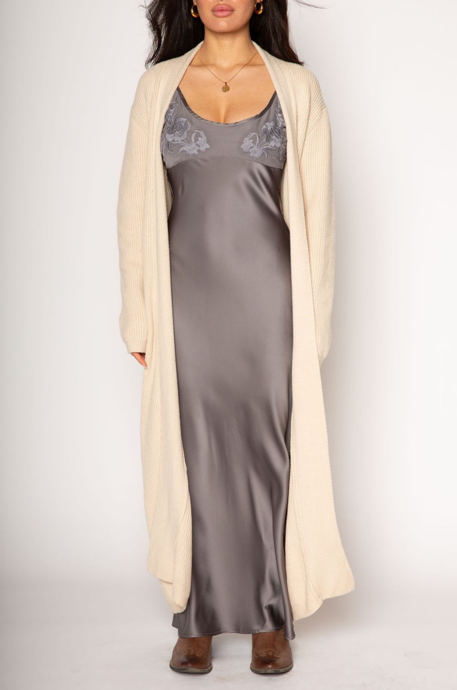Tan Crochet knit longline cardigan. Open front. Tie waist. Unlined. long cardigan