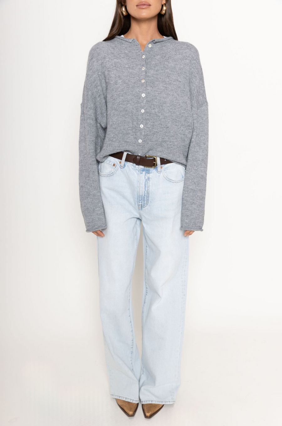 Fuzzy knit cardigan
Crewneck
Front button down closures
Long sleeves
Unlined
grey cardigan