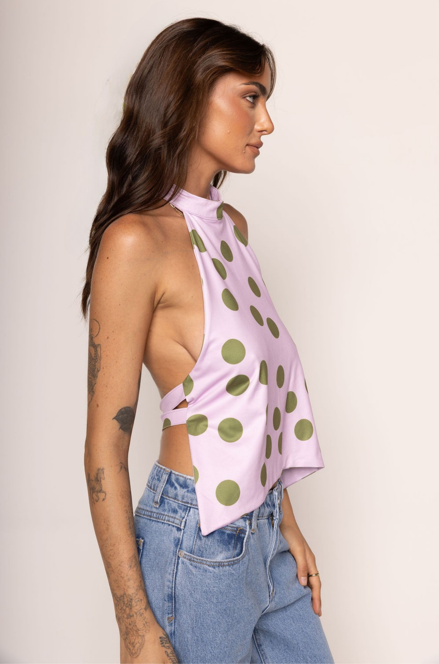 Polka dot printed halter top
Button closure neck strap
Fixed back straps
Lined
green and pink polka dot halter top
going out top
summer going out top