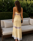 yellow Satin maxi dress
Lace detailing and trim
V neckline
Adjustable spaghetti strap
Unlined/Partially sheer