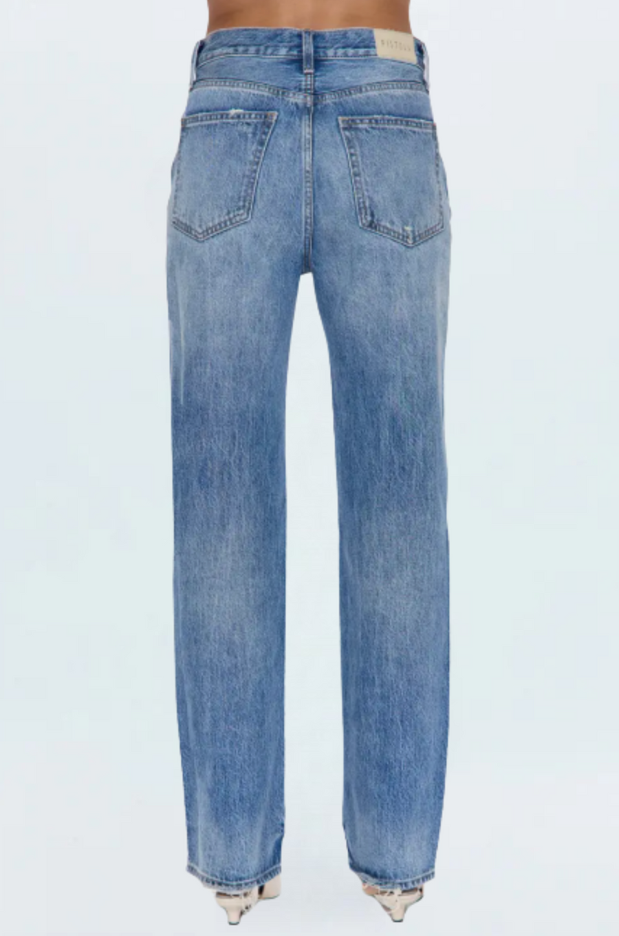 Super high rise straight leg jean
Button fly
Five pocket construction
No stretch
Waist: 25" / Waist: 25" / Rise: 11.5"
Cotton
Mid wash jeans
pistola denim