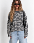 grey Camo long sleeve top
Contrast crew neckline
Long sleeve
Unlined