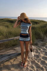 TOP
blue Striped knit off the shoulder top
Contrast trim
Unlined

BOTTOM
blue Striped knit mini shorts
Fold over waistband
Contrast trim
Elastic waistband
Unlined