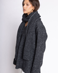 Marled crochet knit oversized sweater
V-neckline
Long sleeves with cuffed hems
Detachable matching scarf
grey oversized knit sweater with scarf