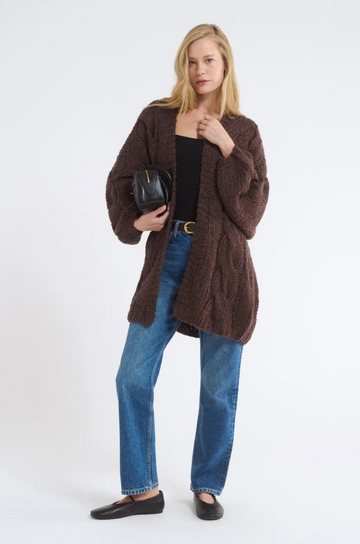 brown Fuzzy hand knit cardigan
Cable knit
Heavy gauge loose cable knit
Open cardigan
Acrylic/Polyester
brown cardigan
fall cardigan
fall sweater
fall outfit