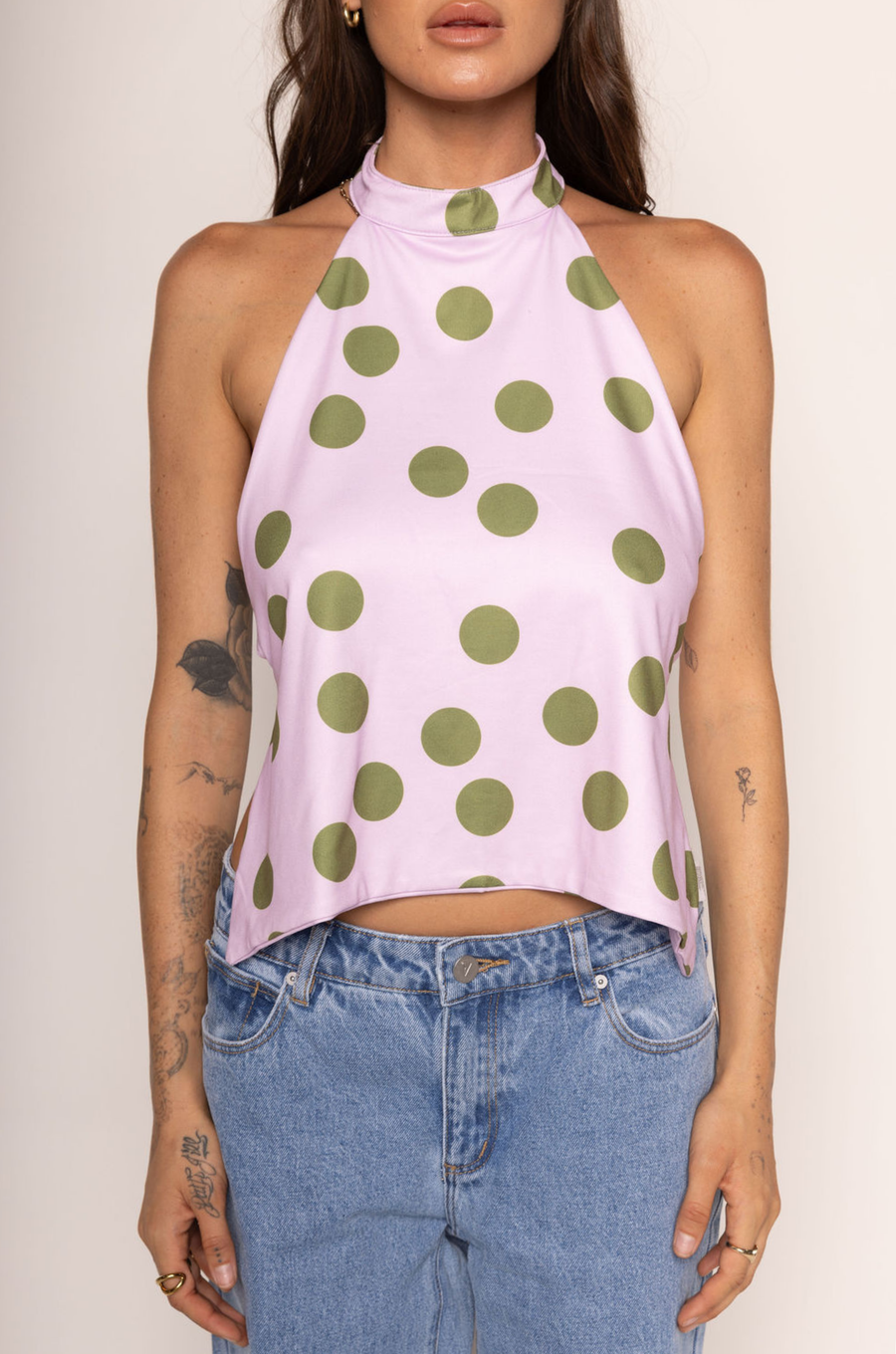 Polka dot printed halter top
Button closure neck strap
Fixed back straps
Lined
green and pink polka dot halter top
going out top
summer going out top