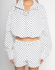 white snd black polka dot set
zara dupe
TOP
Polka dot collared jacket
Button zipper closure
Adjustable drawstring
Side pockets
Unlined
Length: 22.5"
Polyester

BOTTOMS
Polka dot high waisted shorts
Button zipper closure
Belt loops
Side pockets
Faux back pockets
Unlined
Length: 13" / Waist: 30" / Rise: 11.5"
Polyester