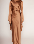 Brown bronze Satin maxi dress
Asymmetrical long sleeve hem
Open back
Side zipper closure
brown Wedding guest dress
